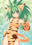 abstract_background blush clothed clothing female fur green_eyes green_hair hair looking_at_viewer orange_body orange_fur smile solo standing young kure samurai_shodown cham_cham animal_humanoid cat_humanoid felid felid_humanoid feline feline_humanoid humanoid mammal mammal_humanoid 2017 hi_res