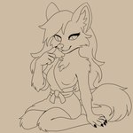 5_fingers anthro asian_clothing beginning breasts clothing east_asian_clothing featureless_breasts female fingers gesture hand_gesture japanese_clothing kimono kimono_only medium_breasts melonymiko pointing pointing_at_self sitting smile solo canid canine fox mammal 1:1 absurd_res hi_res monochrome sketch source_request