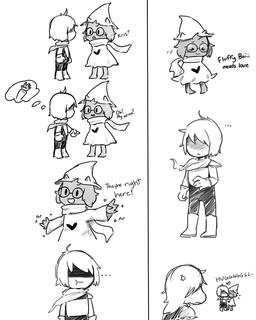 2_horns >_< ambiguous_gender anthro armor bodily_fluids clothed clothing dialogue ellipsis eyes_closed eyewear female floppy_ears fluffy_ears gesture glasses group hand_gesture heart_symbol horn hug male pointing robe scarf shadowed_eyes sweat sweatdrop tears text thought_bubble enakat deltarune undertale_(series) kris_dreemurr ralsei susie_(deltarune) bovid caprine goat human mammal reptile scalie 4:5 english_text monochrome restricted_palette