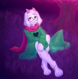 4_toes 5_fingers ambiguous_gender anthro barefoot blush clothing eyewear feet fingers glasses grass hat headgear headwear horn pink_eyes pink_horn plant robe scarf sitting smile solo toes tree wizard_hat fliederr deltarune undertale_(series) ralsei boss_monster_(undertale) darkner 2018 absurd_res hi_res watermark male_(lore)