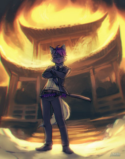 anthro black_clothing black_suit clothing crossed_arms detailed_background fire fur hair katana looking_at_viewer male melee_weapon night purple_body purple_fur snow solo standing suit sword temple weapon kardie jasch canid canine canis domestic_dog german_shepherd herding_dog mammal pastoral_dog wolf hi_res