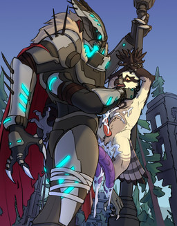 after_sex armor beak bodily_fluids cape claws clothing cum duo erection genital_fluids genitals headgear helmet knot male male/male multi_limb penis penis_size_difference purple_penis sky standing tail avicron_(artist) bungie destiny_(series) alien avian bird eliksni hi_res