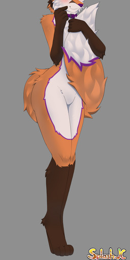 4_toes anthro big_tail blue_eyes blush brown_body brown_fur collar dipstick_tail ear_piercing featureless_crotch feet femboy fur grey_background holding_tail looking_at_viewer male markings nude orange_body orange_fur piercing purple_body purple_fur rainbow_piercings simple_background solo standing tail tail_markings toes white_body white_fur splashjc mochafox_(itsmochafox) canid canine fox mammal red_fox true_fox hi_res