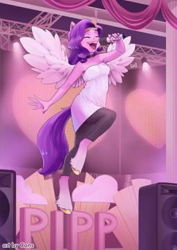 5_fingers anthro anthrofied blush breasts clothing crown electronics feathered_wings feathers female fetlocks fingers fur hair headgear holding_object hooves humanoid_hands microphone open_mouth pink_body pink_fur purple_hair purple_tail singing solo stage tail tuft wings pwnagespartan hasbro mlp_g5 my_little_pony mythology pipp_petals_(mlp) equid equine mammal mythological_creature mythological_equine pegasus absurd_res hi_res