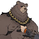 anthro blush brown_body brown_fur clothing duo embarrassed facial_scar fur jewelry male male/male missing_eye moobs necklace nipples overweight scar shirt tank_top topwear schizoid mihoyo zenless_zone_zero ben_bigger wise_(zenless_zone_zero) bear human mammal 1:1