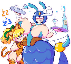 armor belly big_breasts blonde_hair blue_eyes breasts clothing duo female hair headgear helmet orange_clothing simple_background split_form tiger_costume white_background fupoo capcom mega_man_(series) megaman_(classic) roll_(mega_man) splash_woman aquatic merfolk robot_master 2023