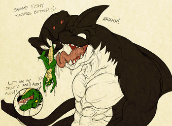 abs anthro black_body bodily_fluids drooling duo empty_eyes fin green_body head_fin holding_another imminent_vore licking licking_another male micro muscular muscular_anthro muscular_male nude open_mouth pecs pupils saliva simple_background size_difference slit_pupils tongue tongue_out white_body yellow_body crazydrak mythology alex_(jrbart) alligator alligatorid aquatic cetacean crocodilian dolphin dragon mammal mythological_creature mythological_scalie oceanic_dolphin orca reptile scalie toothed_whale