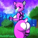 anthro big_breasts big_butt bottle breasts butt clothing container eyelashes female fur gloves glowing handwear liquid looking_at_viewer looking_back pink_body pink_fur purple_eyes rear_view shield_potion solo thick_thighs tongue tongue_out white_body white_fur wide_hips retr0foxx epic_games fortnite cuddle_team_leader bear mammal 1:1 hi_res