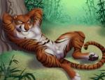 abs animal_genitalia anthro balls biped countershading detailed_background flaccid forest fur genitals grin jungle looking_at_viewer lying male navel nipples nude on_back orange_body orange_fur outside penis plant sheath smile solo spread_legs spreading stripes tree whiskers yellow_eyes vicekillx disney talespin the_jungle_book shere_khan bengal_tiger felid mammal pantherine tiger 2016