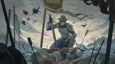 after_battle anthro armor arrow_(weapon) arrow_wound blood blood_on_armor blood_on_object blood_on_sword blood_on_weapon bodily_fluids clothing cloud cloudy_sky corpse crouching duo ears_down fur gauntlets gloves handwear male melee_weapon outside pauldron pennant pivoted_ears plate_armor ranged_weapon shield sky snow sword tabard weapon spiritinchoco ambient_bird canid canine canis mammal wolf 16:9 2026 digital_media_(artwork) hi_res widescreen