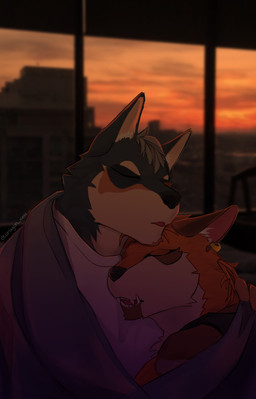 anthro bedding blanket blurred_background clothing cuddling duo ear_piercing ear_ring eyes_closed hair male male/male piercing ring_piercing sleeping snoring sunset window oragon_seis ramuyon canid canine canis domestic_dog fox hybrid mammal hi_res