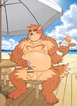 4_toes anthro balls barefoot beach belly blush brown_body brown_fur clothing condom detailed_background erection feet flip_flops footwear fur genitals humanoid_genitalia humanoid_hands humanoid_penis kemono male moobs musclegut muscular muscular_male navel nipples outside overweight overweight_anthro overweight_male penis sandals seaside sexual_barrier_device shoes sitting solo text toes water ryuta-h canid canine mammal censored hi_res japanese_text