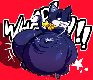 anthro big_butt black_body black_ears black_fur black_tail blue_eyes butt butt_slap dipstick_tail fur huge_butt huge_thighs hyper hyper_butt kerchief looking_back male markings mask motion_lines neckerchief neckwear onomatopoeia pawpads pink_pawpads rear_view red_background shortstack shortstack_male simple_background slap smile solo sound_effects tail tail_markings teeth text thick_thighs whap white_body white_fur white_inner_ear white_tail_tip yellow_kerchief yellow_neckerchief mirukiblue atlus megami_tensei persona_(series) persona_5 sega morgana_(persona) domestic_cat felid feline felis mammal tuxedo_cat 2026 absurd_res cel_shading colored digital_media_(artwork) hi_res shaded