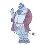 anthro barazoku bathrobe beard belly blue_body blue_hair body_hair boxer_briefs bulge cellphone chest_hair clothed clothing electronics facial_hair grin hair hairy hand_in_pocket happy_trail holding_cellphone holding_object holding_phone holding_smartphone hooves horn leg_hair looking_at_viewer male manly mature_male musclegut muscular mustache navel nipples open_clothing open_robe pecs phone pockets robe shoulder_hair simple_background slightly_chubby smartphone smile solo standing thick_thighs underwear white_boxer_briefs white_clothing white_underwear jasharts blaboole bovid bovine cattle mammal 2024 absurd_res hi_res