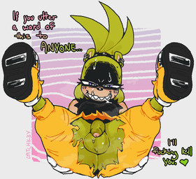 anthro anus balls black_body bodily_fluids bottomwear butt clothed clothing death_threat dialogue drooling ear_piercing ear_ring embarrassed flaccid footwear foreskin genitals glare green_body green_hair gynomorph hair hand_on_butt hand_on_own_butt heart_after_text intersex legs_up looking_at_viewer multicolored_body no_underwear pants penis piercing profanity purple_eyes ring_piercing saliva sharp_teeth shoes simple_background smile smiling_at_viewer solo spread_legs spreading sweat talking_to_viewer tan_body teeth text torn_bottomwear torn_clothing torn_pants wardrobe_malfunction latchk3y idw_publishing sega sonic_the_hedgehog_(comics) sonic_the_hedgehog_(idw) sonic_the_hedgehog_(series) surge_the_tenrec afrosoricid mammal tenrec 2026 english_text hi_res