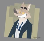 abstract_background anthro black_eyebrows blue_bow_tie bow_tie eyebrows fur grey_body grey_fur grin half-closed_eyes male male_anthro narrowed_eyes smile smug solo tan_body tan_fur untied_bow_tie yellow_eyes princeofdingos dreamworks the_bad_guys mr._wolf_(the_bad_guys) canid canine canis mammal wolf 2021 digital_media_(artwork) hi_res signature