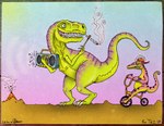 anthro bicycle biped boombox claws clothing drugs duo hat headgear headwear male marijuana musical_note musical_symbol open_mouth sharp_teeth symbol tail teeth vehicle volcano wronglever cc-by-nc creative_commons dinosaur prehistoric_species reptile scalie theropod tyrannosaurid tyrannosauroid tyrannosaurus tyrannosaurus_rex hi_res