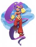 blue_eyes bra breasts clothing dark_body dark_skin ear_piercing female footwear hair humanoid_pointy_ears long_hair midriff navel not_furry piercing ponytail purple_hair solo underwear sho-n-d shantae_(series) wayforward shantae genie humanoid 2016 signature