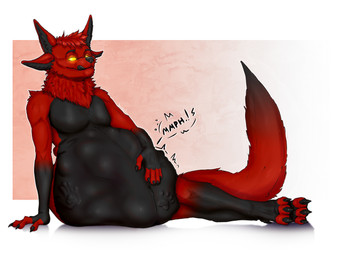 anthro belly big_belly biped black_body black_fur bloated duo fur hair male musclegut muscular navel obese oral_vore overweight paws red_body red_fur red_hair same_size_vore soft_vore solo thick_thighs tongue vore dynamo lesventin shadekin 4:3 absurd_res hi_res