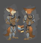 anthro black_nose brown_body brown_fur cheek_tuft clothed clothing color_swatch facial_tuft fully_clothed fur grey_background head_tuft inner_ear_fluff pose simple_background solo standing tuft temiree stellaris canid canine fox mammal mammalian_(stellaris) mammalian_3 2018 hi_res