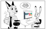 anthro beverage border canid canine clothed clothing coffee computer dialogue disney duo electronics english_text female fox fur judy_hopps lagomorph leporid male mammal nick_wilde police police_uniform rabbit red_fox rockbottomfeeder simple_background sitting speech_bubble text true_fox uniform white_background white_border zootopia