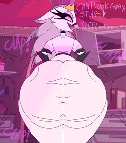 anthro beak big_butt butt clothing crown detailed_background dialogue dress female fur headgear heart_symbol looking_at_viewer looking_back pink_eyes pink_text solo standing text twerking white_body white_fur writtingchalk hellaverse helluva_boss stella_(helluva_boss) anatid anseriform anserine avian avian_demon bird demon swan hi_res