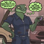 anthro car clothing controller garage grease_stains hand_on_hip jumpsuit male mechanic remote_control solo standing text vehicle nanoff larry_(nanoff) lizard reptile scalie 1:1 2024 english_text hi_res