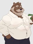 anthro beard belly black_nose bottomwear clothing facial_hair humanoid_hands kemono male mature_male mustache overweight overweight_male pants scar shirt simple_background solo topwear bluewhale127 bear mammal 2022 3:4 hi_res