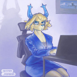 2_horns anthro antlers blazer blonde_hair blue_eyeshadow blue_horn blue_nose bottomwear breasts chair cleavage clothed clothing computer electronics eyebrows eyelashes eyeshadow female frown furniture hair half-closed_eyes horn laptop looking_at_viewer makeup mature_female miniskirt narrowed_eyes office_chair short_hair sitting skirt solo text nhymm_hundha deltarune undertale_(series) carol_holiday deer mammal 1:1 2025 absurd_res artist_name hi_res
