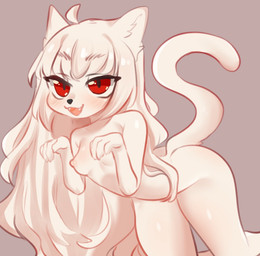 adolescent aged_up ahoge alternate_hairstyle anthro bedroom_eyes bent_over blush breasts fangs female fingers hair long_hair looking_at_viewer narrowed_eyes nipples nude open_mouth paw_pose pose pupils red_eyes seductive simple_background small_breasts solo tail teeth wavy_tail white_body white_hair young young_anthro young_female aoizuri ghost_(claralaine) domestic_cat felid feline felis ghost mammal spirit 2020