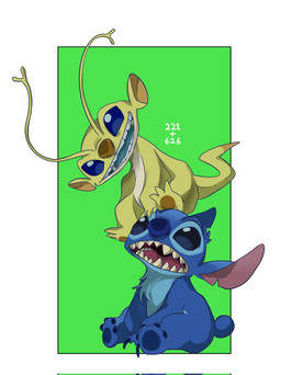 3_toes 4_toes ambiguous_gender antennae_(anatomy) blue_body blue_eyes blue_fur blue_nose blue_pawpads brown_nose brown_pawpads carrying_another chest_tuft dipstick_tail duo feet forked_antennae fur green_background head_tuft long_antennae looking_down looking_down_at_another looking_up_at_another markings notched_ear on_head open_mouth open_smile pawpads pink_tongue semi-anthro simple_background sitting sitting_on_another sitting_on_head small_tail smile tail tail_markings teal_tongue toes tongue tuft yellow_body yellow_fur zunda_d2002 disney lilo_and_stitch sparky_(lilo_and_stitch) stitch_(lilo_and_stitch) alien experiment_(lilo_and_stitch) 2025 digital_drawing_(artwork) digital_media_(artwork) hi_res male_(lore)