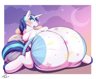 big_diaper blush clean_diaper diaper feral horn looking_at_viewer lying male on_back open_mouth pillow print_diaper solo surprised steelshark friendship_is_magic hasbro my_little_pony mythology shining_armor_(mlp) equid equine mammal mythological_creature mythological_equine unicorn absurd_res hi_res