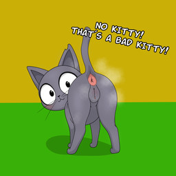 anus ass_up blush bodily_fluids female feral fur genital_fluids genitals grey_body grey_fur looking_at_viewer looking_back rear_view simple_background smelly solo vulva whyvern comedy_central south_park mr._kitty_(south_park) domestic_cat felid feline felis mammal 1:1 absurd_res hi_res superabsurd_res