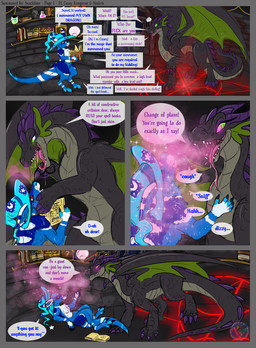 ambiguous_gender anthro blue_body blue_fur bodily_fluids book bookshelf boop clothing dialogue drooling duo feral fur furniture green_eyes green_wings hat headgear headwear horn hypnosis hypnotic_eyes lying magic magic_circle mind_control nose_boop on_back open_mouth pheromones potion pouch_(anatomy) profanity purple_horn red_eyes ringed_eyes saliva speech_bubble spellbook text wings wizard_hat dragonnom mythology casey_(darkcameronmac) noxtrix_(dragonnom) dragon kangaroo macropod mammal marsupial mythological_creature mythological_scalie scalie comic english_text hi_res
