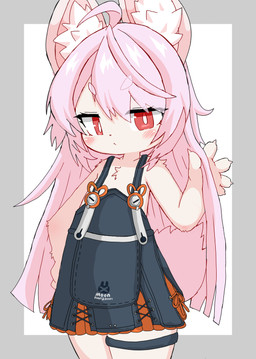 anthro blush female female_anthro hair legband overall_dress pink_body pink_hair red_eyes solo thighband young young_anthro young_female tabon mihoyo zenless_zone_zero zhao_(zenless_zone_zero) lagomorph leporid mammal rabbit absurd_res hi_res
