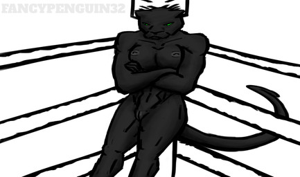 angry anthro black_body black_fur breasts crossed_arms female fighting_ring fur nipples nude nude_anthro nude_female simple_background solo standing fancypenguin32 krania_(fancypenguin23) felid mammal pantherine absurd_res digital_media_(artwork) hi_res monochrome
