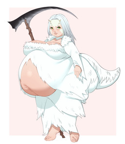 belly big_belly big_breasts breasts butt female fur melee_weapon overweight polearm pregnant pregnant_female scythe solo weapon white_body white_fur hellbrain dark_souls fromsoftware crossbreed_priscilla humanoid hybrid 2023 absurd_res hi_res