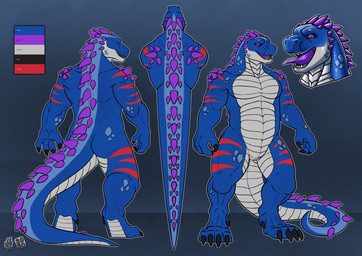 anthro back_spikes black_claws black_sclera blue_body butt claws color_swatch featureless_crotch front_view head_spikes looking_at_viewer male male_anthro muscular muscular_anthro muscular_male nude open_mouth overweight overweight_anthro overweight_male purple_eyes purple_tongue rear_view red_stripes scales simple_background solo spiked_tail spikes spikes_(anatomy) standing striped_arms striped_legs stripes tail toe_claws tongue tongue_out white_body white_scales hufnaar kian_(fenrir_garou) dinosaur prehistoric_species reptile scalie 2024 dated hi_res