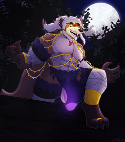 abs anthro balls bandage big_balls big_muscles bottomwear bottomwear_aside claws clothed clothing clothing_aside dangling ear_piercing ear_ring facial_hair forest full_moon genitals glowing glowing_eyes glowing_genitalia glowing_penis goatee hair humanoid_genitalia humanoid_penis jewelry loincloth loincloth_aside male moon muscular muscular_male night nipple_piercing nipples partially_clothed pecs penis piercing plant ponytail ring ring_piercing sharp_teeth solo spread_arms tail teeth toony tree nottsfw fox_(katsukrambles) hybrid mammal mustelid otter werecreature 2025 hi_res