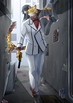 anthro blood blood_on_clothing bodily_fluids bottomwear captured carrying_another clothing duo female fur gun handgun human_on_anthro interspecies male male/female markings necktie pistol ranged_weapon school_uniform shoulder_carry skirt spots spotted_body spotted_fur suit uniform weapon yellow_body yellow_fur kuru_bushi18 lifewonders tokyo_afterschool_summoners female_protagonist_(tas) ose_(tas) protagonist_(tas) felid human leopard mammal pantherine absurd_res hi_res