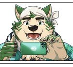 anthro big_nose cellphone electronics eyebrows fur green_body green_eyes green_fur kerchief male phone photographing smartphone smile solo thick_eyebrows natsunouro lifewonders live_a_hero mokdai canid canine canis domestic_dog mammal bust_portrait portrait