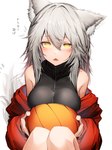 big_breasts blush breasts clothed clothing cute_fangs fangs female female_humanoid fluffy_ears fur grey_body grey_fur grey_hair hair holding_object inner_ear_fluff jacket long_hair looking_at_viewer open_mouth simple_background solo teeth text topwear tuft white_background white_body white_fur yellow_eyes tabhead arknights hypergryph studio_montagne projekt_red_(arknights) animal_humanoid canid canid_humanoid canine canine_humanoid humanoid mammal mammal_humanoid wolf_humanoid 2021 absurd_res digital_media_(artwork) half-length_portrait hi_res japanese_text portrait translated translated_description