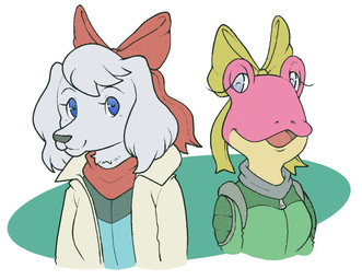 accessory anthro bow_ribbon clothing countershade_torso countershading duo female flight_suit fur hair_accessory hair_bow hair_ribbon jacket pink_body pink_skin ribbons simple_background topwear white_body white_fur ak0lden nintendo star_fox amanda_toad fay_(star_fox) amphibian bird_dog canid canine canis domestic_dog frog hunting_dog mammal spaniel 2024
