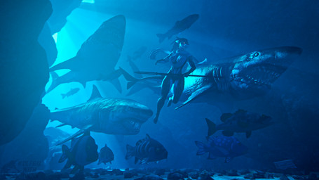 abs anthro black_body breasts cave dreadlocks female glowing glowing_eyes group markings melee_weapon muscular muscular_anthro muscular_female polearm rock spear underwater underwater_scenery water weapon white_body yellow_eyes yellow_markings ludexus huntress_(ludexus) aquatic fish shark 3d_(artwork) absurd_res digital_media_(artwork) hi_res source_filmmaker_(artwork)