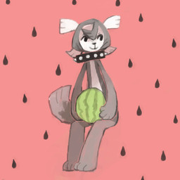 ambiguous_gender black_eyes food fruit fur grey_body grey_fur melon pattern_background plant raining simple_background smile solo watermelon white_body white_fur yolk_(artist) unknown_species 1:1
