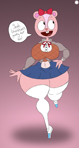 4_fingers anthro belly big_breasts blush blush_lines bottomwear bow_tie breasts buckteeth clothing cosplay countershade_belly countershade_face countershading crossover_cosplay curvy_figure dialogue eyelashes female fingers footwear fur hand_on_hip heart_nose heart_symbol jacket legwear logo midriff navel open_mouth open_smile pink_body pink_fur shoes skirt small_waist smile socks solo speech_bubble teeth text thick_thighs thigh_highs thigh_socks topwear wasp_waist wide_hips thatdawgmurray doki_doki_literature_club! happy_tree_friends team_salvato giggles_(htf) chipmunk ground_squirrel mammal rodent sciurid absurd_res aliasing artist_logo artist_name crossover digital_media_(artwork) english_text hi_res signature