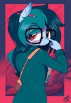 anthro clothed clothing eyebrows eyelashes eyewear glasses looking_at_viewer looking_back looking_back_at_viewer pencil_(object) solo nevobaster hasbro my_little_pony delta_vee fan_character equid mammal 2023 absurd_res digital_media_(artwork) hi_res