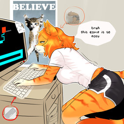 anthro bending bent_over bottomwear breasts clothing computer computer_keyboard dialogue dolphin_shorts electronics eye_bags eyelashes female focused hair long_eyelashes maze motion_lines narrowed_eyes open_mouth orange_body orange_hair shirt shorts solo squint text thick_thighs topwear white_clothing white_shirt white_topwear kitsukaelkami scary_maze_game domestic_cat felid feline felis mammal 1:1 absurd_res english_text hi_res meme