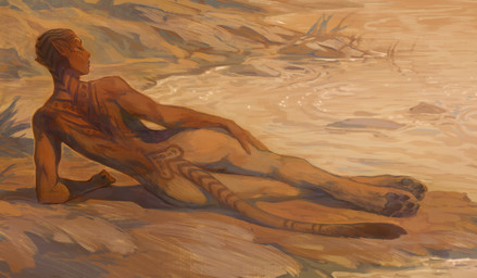 after_transformation arm_support athletic athletic_female athletic_humanoid back_tattoo bald bald_female bent_arm biped black_pawpads brown_arms brown_body brown_ears brown_head brown_lips brown_markings brown_skin brown_stripes brown_tail_tip brown_tattoo brown_torso butt detailed_background digitigrade dipstick_tail eyebrows eyes_closed facial_tattoo feet female female_humanoid fingers fur head_tattoo hindpaw human_torso humanoid_face humanoid_pointy_ears legs_together lips long_tail lying lying_on_ground markings mouth_closed multicolored_body neck_tattoo nude nude_female nude_humanoid on_ground on_side outdoor_nudity outside pawpads paws pointy_ears pose rear_view ring_(marking) ringed_tail slim slim_female slim_humanoid solo split_form straight_arm straight_legs striped_markings striped_tail stripes tail tail_markings tail_tattoo tan_body tan_butt tan_eyebrows tan_fur tan_legs tan_tail tasteful_nudity tattoo toes water shanikafaceless khiladarah animal_humanoid felid felid_humanoid humanoid lion_humanoid lomibu mammal mammal_humanoid pantherine pantherine_humanoid english_description full-length_portrait hi_res pinup portrait shaded