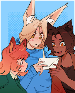 ask_blog blonde_hair blush_swirl brown_hair clothing dark_body dark_skin envelope female group hair holding_envelope red_hair short_hair sweater topwear trio glacierclear foxtrot_(glacierclear) chocolate_(glacierclear) strawberry_(glacierclear) vanilla_(glacierclear) animal_humanoid canid canid_humanoid canine canine_humanoid fox_humanoid humanoid mammal mammal_humanoid 2025 absurd_res hi_res